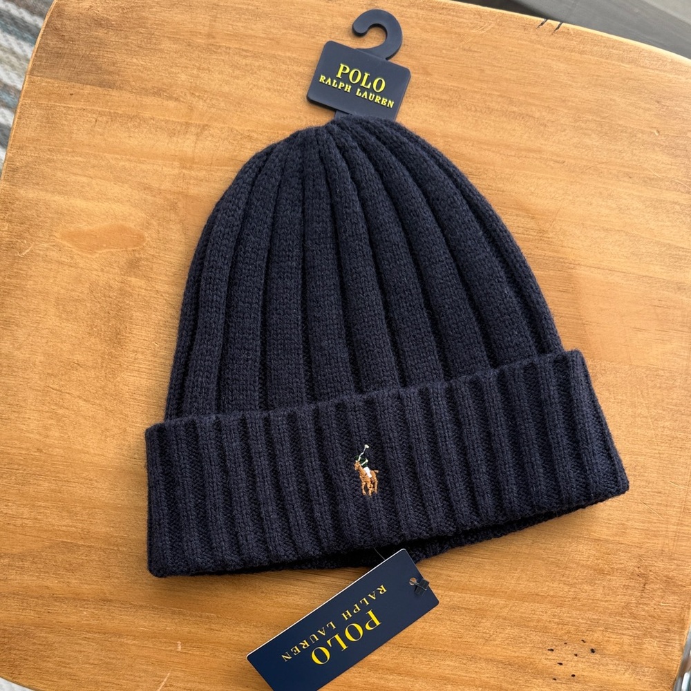New NWT Polo by Ralph Lauren Navy Ribbed Merino Wool Beanie